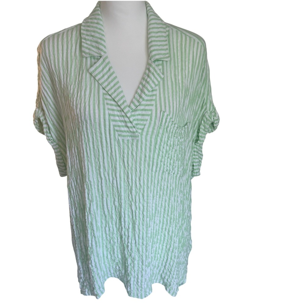 Jane + Delancey Seersucker Gauzy Stripe Top XL Cap‎ Sleeve Green Coastal Preppy